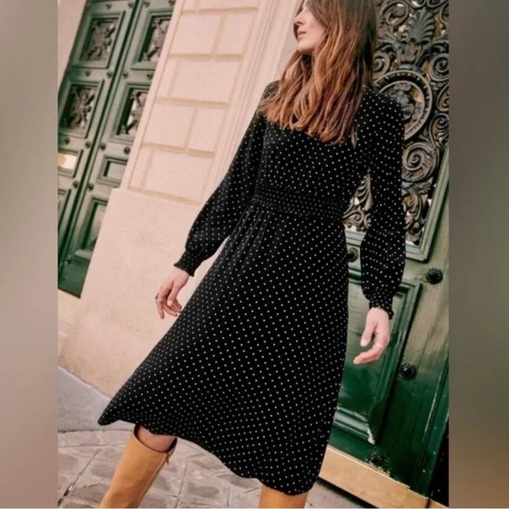 Sezane Black Polka Dot Long Sleeve Midi Dress
